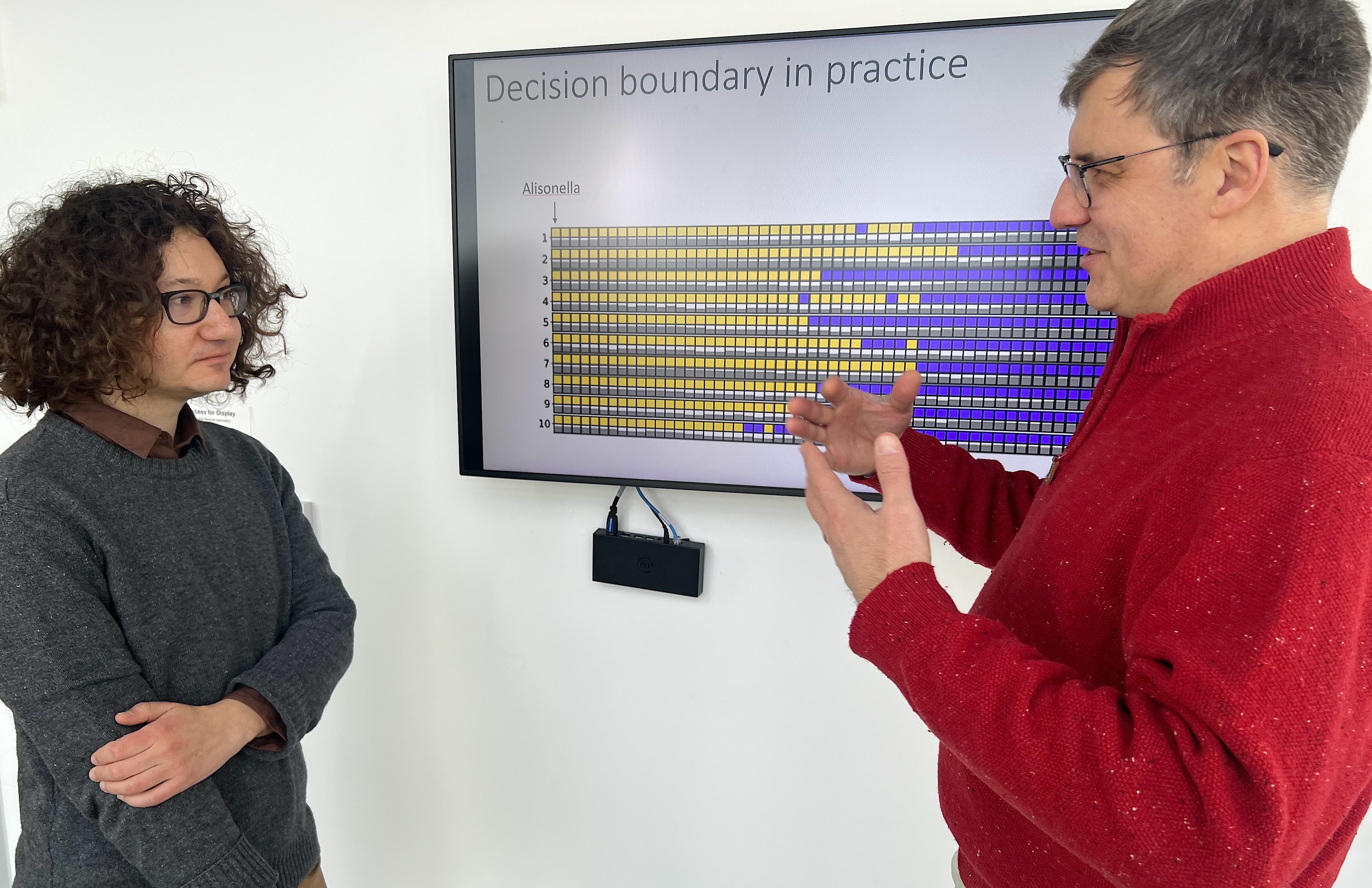 Marcus Fedarko and Mihai Pop talk in front of a graph projected on a screen behind them entitled "Decision boundary in practice." The graph is made up of yellow and blue squares.