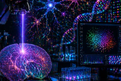 Colorful image of a brain in a lab with a laser hitting it from above. 