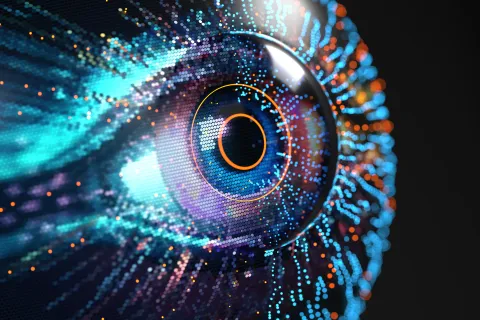 A futuristic 3D digital illustration of a human eye composed of glowing particles and data streams. The iris and pupil are defined by vibrant blue, cyan, and orange light points on a dark, mesh-like background, conveying concepts of artificial intelligence, biotechnology, or vision research.